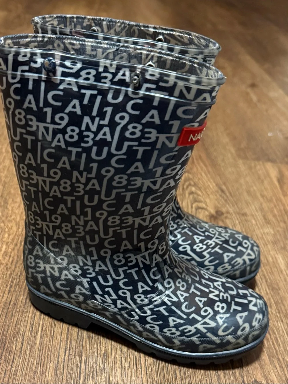 Nautica Kids Navy and White Logo Pattern Rain Boots
